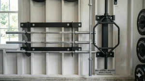 Multi-slot barbell holder wall mount organizing an Olympic bar, EZ curl bar, and trap bar.