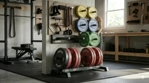 A visual guide showing bumper plates arranged by weight on a multi-tier storage rack.