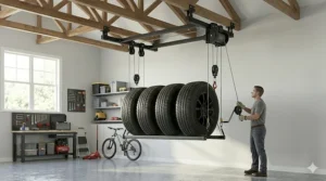 Ceiling-mounted pulley system and tire storage rack for garage overhead space.