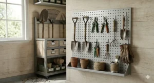 Illustration of a pegboard garden tool organizer for garage workstations holding trowels, pruners, and shears.