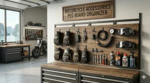 A modular pegboard system used as a motorcycle gear storage solution for hanging keys, goggles, and small tools.