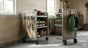 A mobile garden tool organizer for garage corners featuring wheels and slots for gardening equipment.