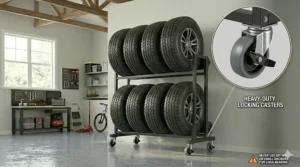 Portable tire storage rack for garage with locking caster wheels for easy movement.