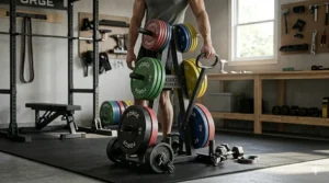 Illustration of a mobile weight plate rack with locking caster wheels for easy movement across garage floors.