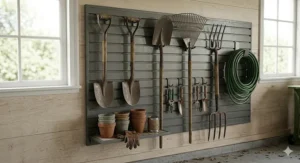A heavy-duty slatwall garden tool organizer for garage walls with adjustable hooks for heavy yard tools.