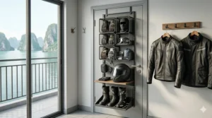 Compact motorcycle gear storage solutions for small apartments featuring an over-the-door organizer for gloves and balaclavas.