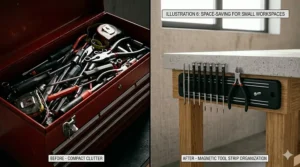 Comparison illustration showing a cluttered toolbox versus an organized wall using magnetic tool holder strips to save floor space.