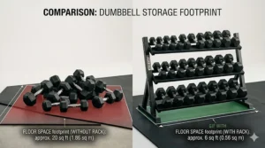 A conceptual illustration showing the vertical design and floor space footprint of a space-saving dumbbell rack.