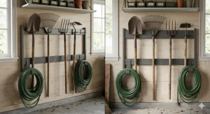 Illustration of a vertical wall-mounted garden tool organizer for garage space-saving showing various long-handled tools.
