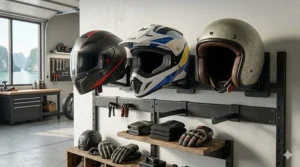 Three carbon fiber motorcycle helmets stored on wall-mounted heavy-duty metal racks to save floor space.