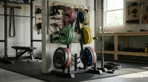 Illustration of an all-in-one storage rack holding weight plates and two vertical Olympic barbells.