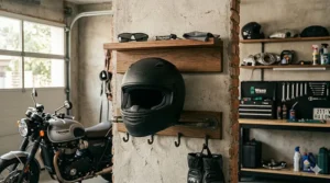 Handcrafted wooden motorcycle helmet storage rack with a shelf for sunglasses and keys.