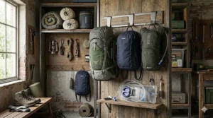 A dedicated mudroom wall rack featuring practical camping gear storage ideas for hanging hiking backpacks and hydration bladders.