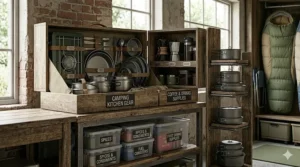 An organized camp kitchen chuck box layout, demonstrating camping gear storage ideas for stoves, pots, and utensils.