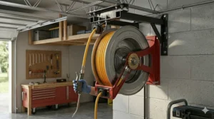 An overhead ceiling-mounted air hose reel providing 360-degree access in a spacious garage workshop.