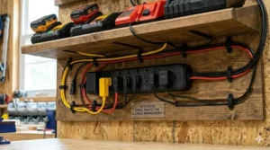 Close-up of integrated power strips and cable routing holes to prevent tangled charger cords.