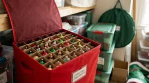 A close-up photograph of an open, red fabric Christmas decoration storage bin with grid dividers holding various colorful holiday ornaments in a well-lit closet.