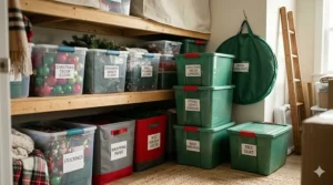 A comparison showing clear plastic totes next to solid red holiday containers to highlight different options for Christmas decoration storage bins.