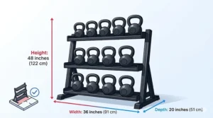 Illustration showing the compact dimensions and space-saving footprint of a vertical kettlebell storage rack.