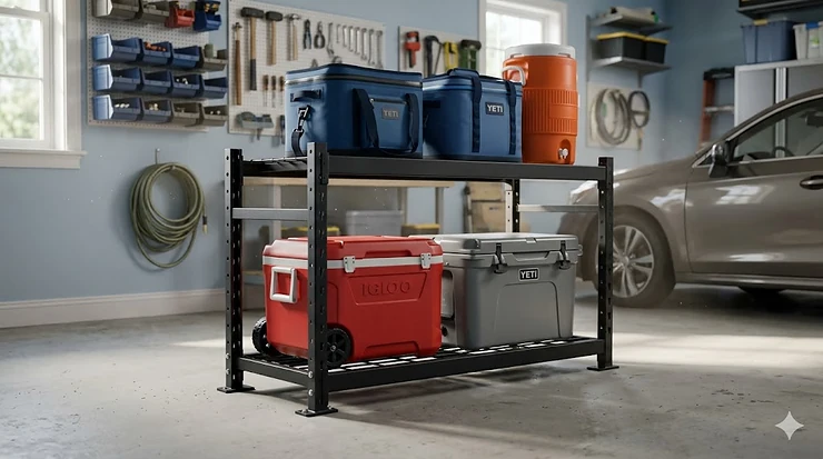 Heavy duty metal cooler storage rack for garage organization holding multiple large camping coolers and sports gear.