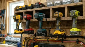 Custom-sized underslung slots designed to securely hold various brands of cordless drills and drivers.
