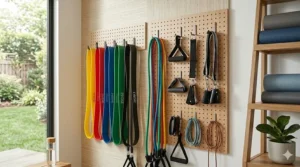 A customizable DIY pegboard system organizing resistance bands, jump ropes, and fitness accessories.