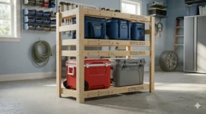 DIY wood cooler storage rack for garage blueprint showing dimensions and assembly steps for handmade shelving.