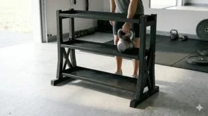 Illustration showing the ergonomic height of a kettlebell rack for safe lifting and easy access during workouts.