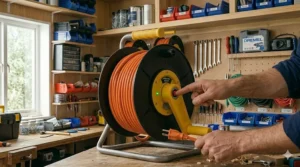 Close-up illustration of the built-in circuit breaker switch on an extension cord storage reel for safety.