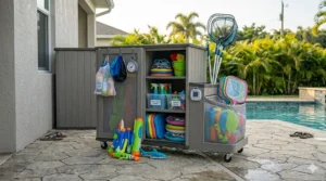 In-water floating mesh basket keeping inflatable balls organized, showcasing floating beach and pool toy storage.