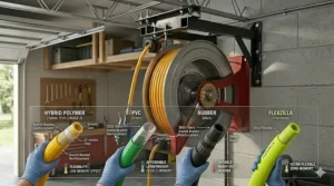 Comparison chart of different air hose reel materials for garage use, highlighting flexibility and durability.