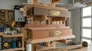 Graphic showing the maximum load capacity for wood shelving levels on a steel storage rack.