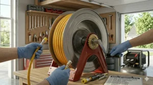 Before and after comparison showing a cluttered floor vs. a clean workspace organized with an air hose reel for a garage.