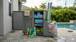 Hanging mesh net organizer attached to a wooden fence, displaying an efficient vertical beach and pool toy storage solution.