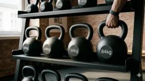 Close-up illustration of reinforced steel shelving on a heavy-duty kettlebell storage rack.