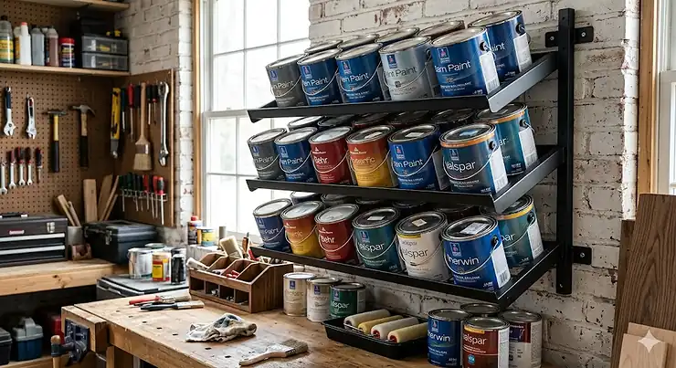 A wall-mounted heavy-duty paint can storage rack holding multiple gallon-sized cans in a organized home garage.