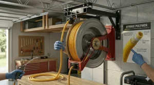 A commercial-grade dual-arm steel air hose reel for a professional garage or auto shop.