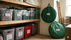 A circular green Christmas decoration storage bag designed for protecting holiday wreaths hanging in a closet.