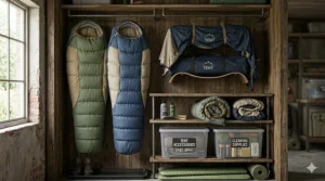 Illustration of loose-hanging sleeping bags in a closet, highlighting camping gear storage ideas that preserve insulation.