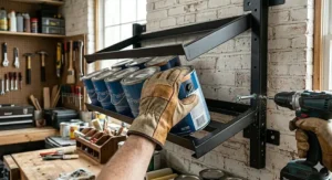Close-up illustration of a person installing a steel paint can storage rack onto garage wall studs.