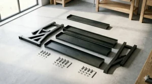 Diagram illustrating the simple bolt-together assembly process of a metal kettlebell storage rack.