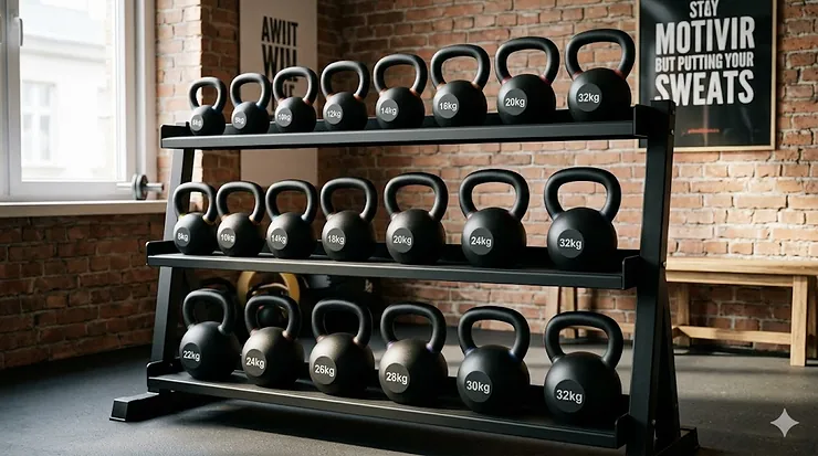 Three-tier steel kettlebell storage rack holding various weights in a modern home gym setting.