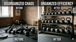 Side-by-side illustration comparing a cluttered gym floor to an organized kettlebell storage rack setup.