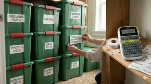 A 4K photorealistic close-up of a person applying white adhesive labels to stacked green Christmas decoration storage bins in an organized storage room, showing several legible labels.