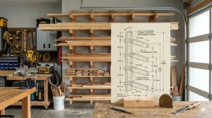Detailed DIY blueprint showing the dimensions for a garage lumber storage rack.