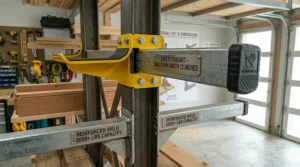 Close-up of safety brackets and end caps on a metal lumber storage system for garages.