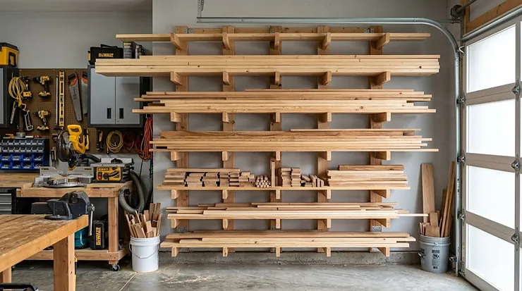 A heavy-duty wall-mounted lumber storage rack holding organized wood planks in a clean garage workshop. lumber storage rack for garage