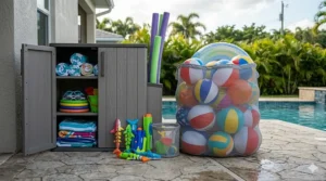Large mesh tote bag serving as portable beach and pool toy storage filled with plastic sand shovels and buckets on the shore.