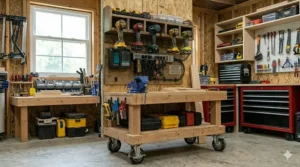 A portable power tool charging station on casters for flexible movement around a large shop.