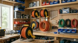 Multiple extension cord storage reels neatly arranged on pegboard shelving for efficient garage organization.